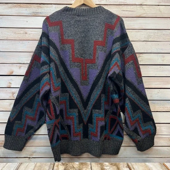 Vintage 90s Grandpa Sweater Southwestern Geometric Knit Oversized USA Made XL